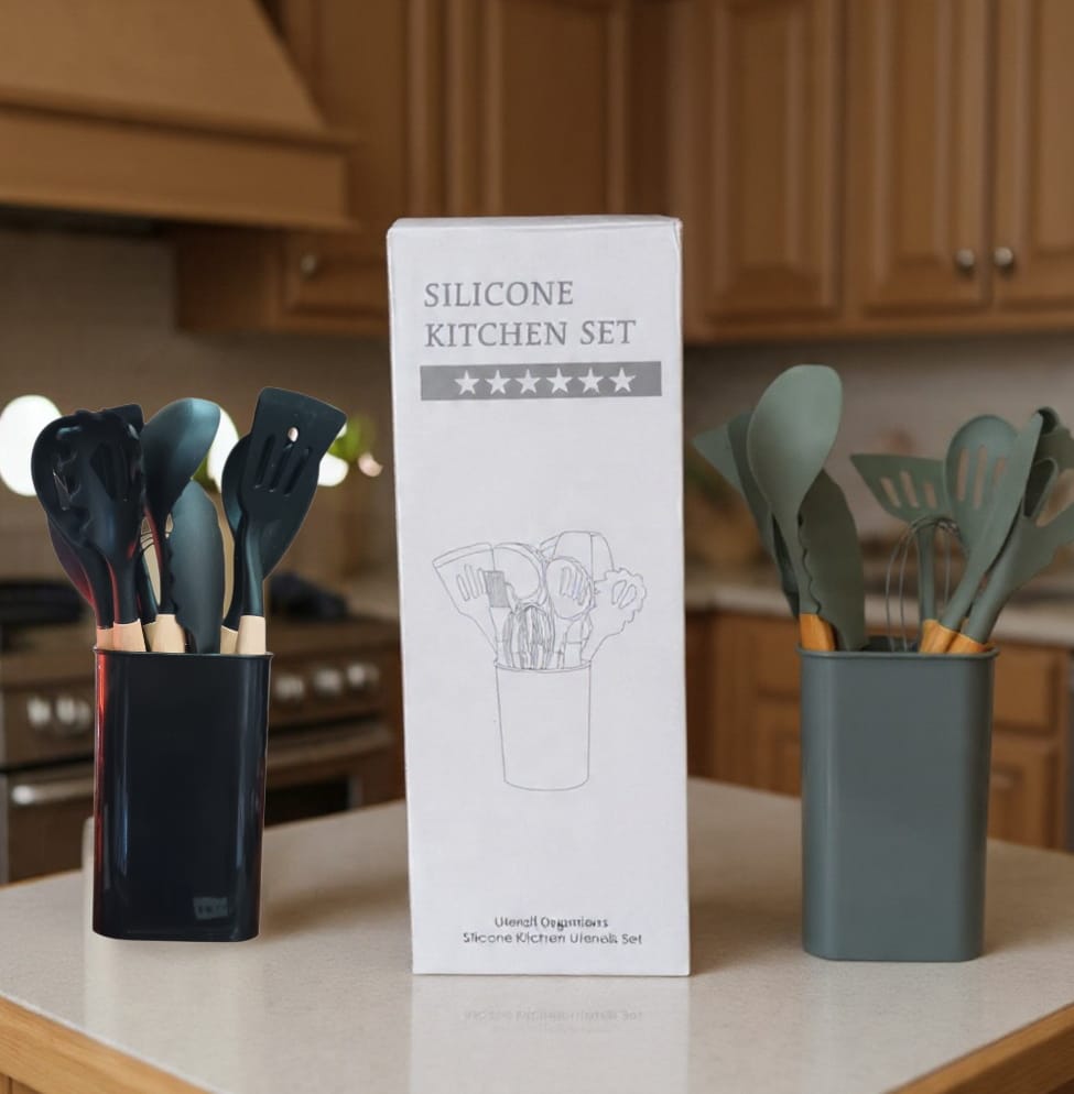 12-Piece Silicone Kitchen Utensil Set with Wooden Handles + Holder