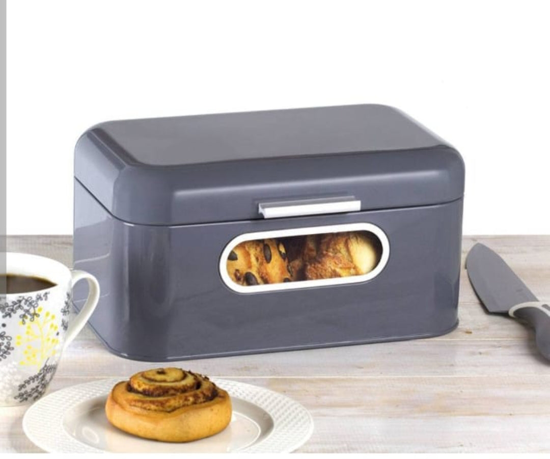 Gray Metal Bread Box With viewing Window-Retro Bread Bin