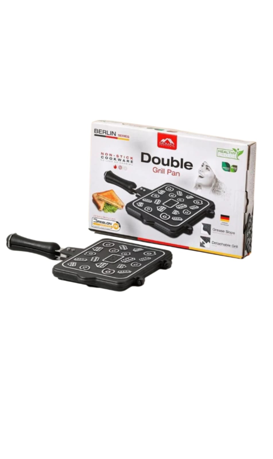 Grill Pan 36 cm*: "Grill both sides at once for juicy, smoky flavor without the mess