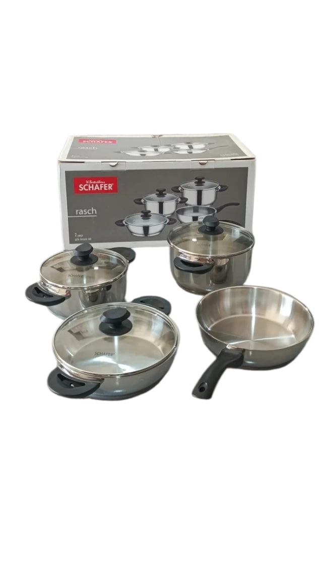"Schafer Rasch 7-piece stainless steel cookware set with glass lids - 20cm, 22cm pots + 24cm pan, induction compatible