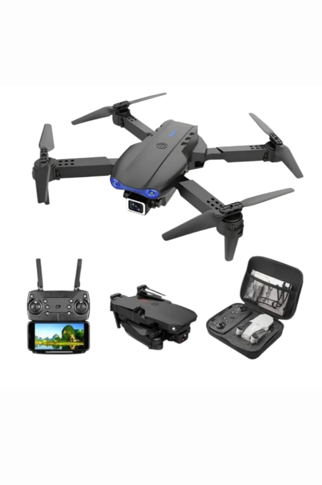 "E99 Pro foldable drone with 4K dual camera, WiFi FPV, altitude hold, hover function and one-key takeoff."
‎