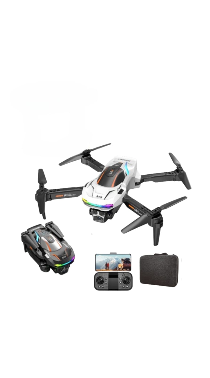‎"A88 Pro foldable drone with 8K dual camera, 3-sided obstacle avoidance, optical flow positioning, brushless motors and LED lights