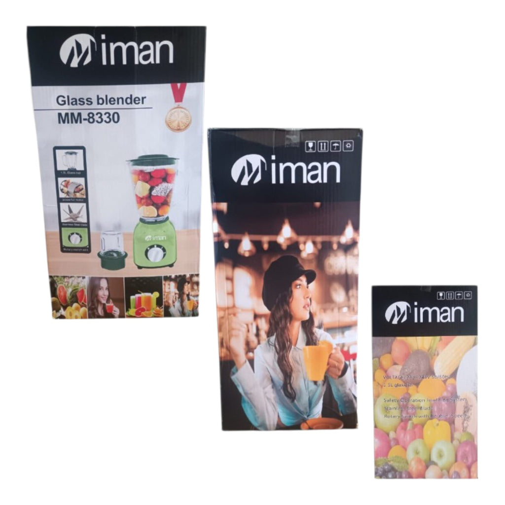 ‎`Miman MM-8330 Glass Blender - 1.5L BPA-Free Glass Jar, Powerful Motor, Stainless Steel Blades & Grinder Included. Perfect for Smoothies, Shakes & Spices. 2-in-1 Kitchen Essential