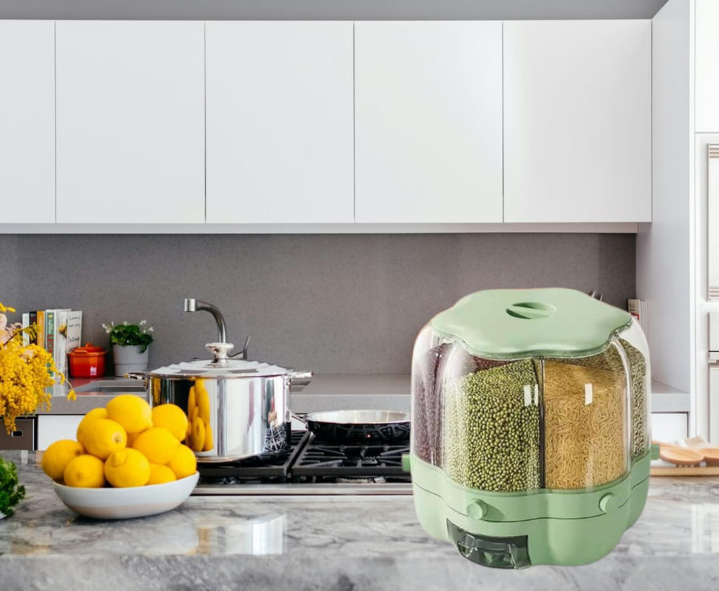 ‎`Rotating Rice Barrel 7L - 6-Compartment 360° Rotating Food Dispenser. Keep rice, grains & cereals fresh & organized. One-click quantitative dispensing, airtight lid. Space-saving kitchen essential