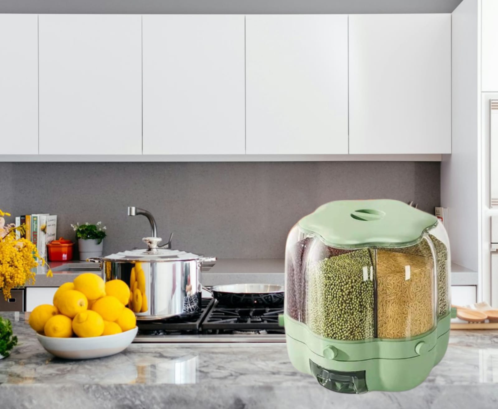 ‎`Rotating Rice Barrel 7L - 6-Compartment 360° Rotating Food Dispenser. Keep rice, grains & cereals fresh & organized. One-click quantitative dispensing, airtight lid. Space-saving kitchen essential