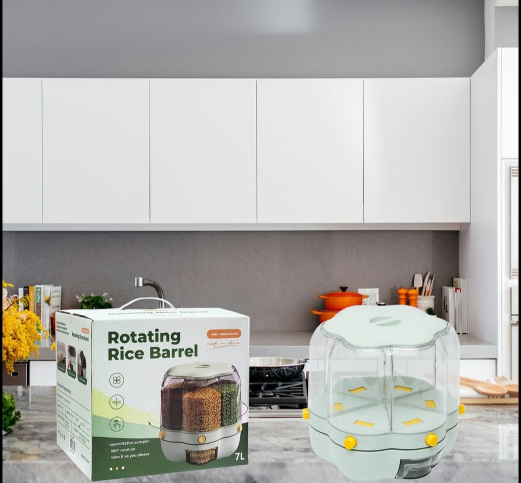 ‎`Rotating Rice Barrel 7L - 6-Compartment 360° Rotating Food Dispenser. Keep rice, grains & cereals fresh & organized. One-click quantitative dispensing, airtight lid. Space-saving kitchen essential