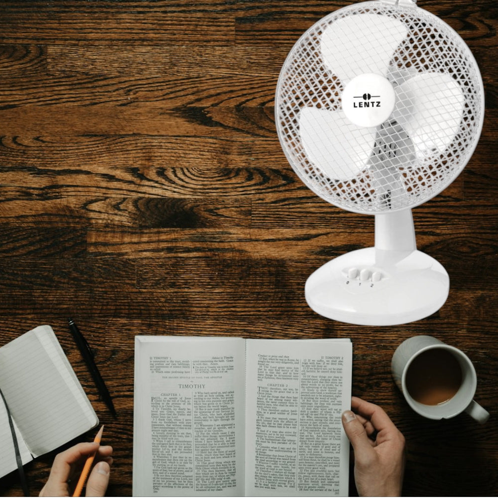 LENTZ 23cm Table Fan - Compact 30W Oscillating Fan with 3 Speed Settings. Quiet, portable cooling for home, office & bedroom. 220-240V, GS certified. Beat the heat!