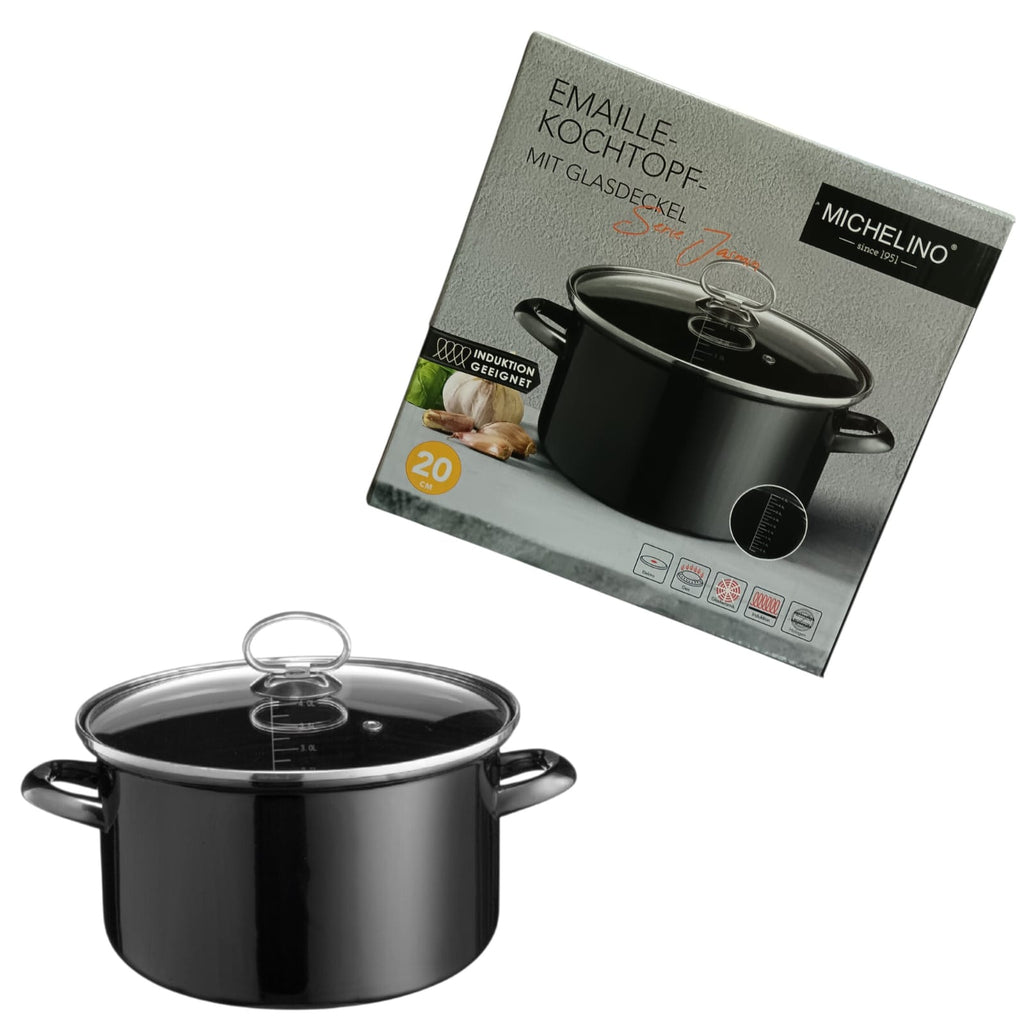 MICHELINO 20cm Enamel Cooking Pot - Classic black enamel with glass lid. Induction compatible, durable & even heat distribution. Since 1951