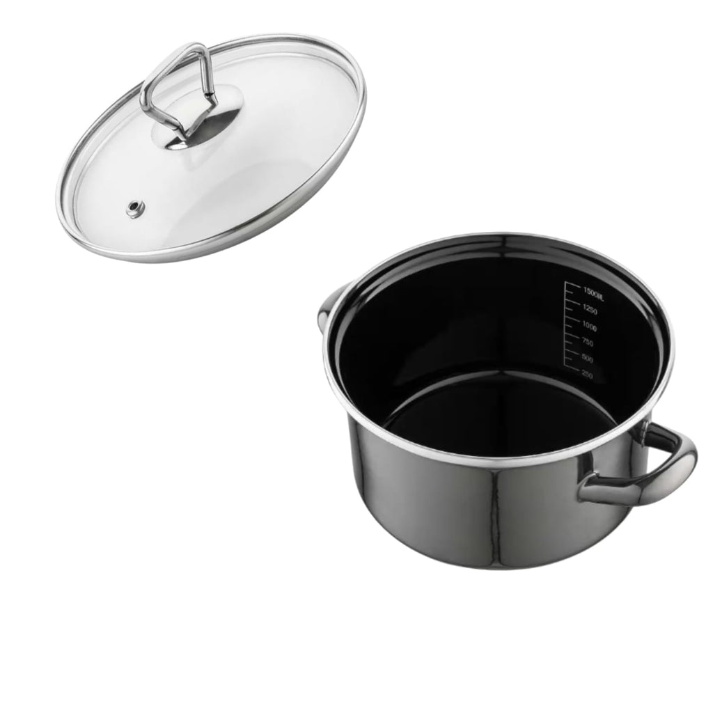 MICHELINO 20cm Enamel Cooking Pot - Classic black enamel with glass lid. Induction compatible, durable & even heat distribution. Since 1951