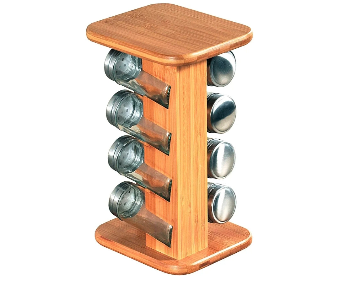KESPER Bamboo Spice Rack 8-Piece 🇩🇪 Rotating stand with 8 glass jars 90ml each. FSC certified bamboo. 15x25.5cm.
