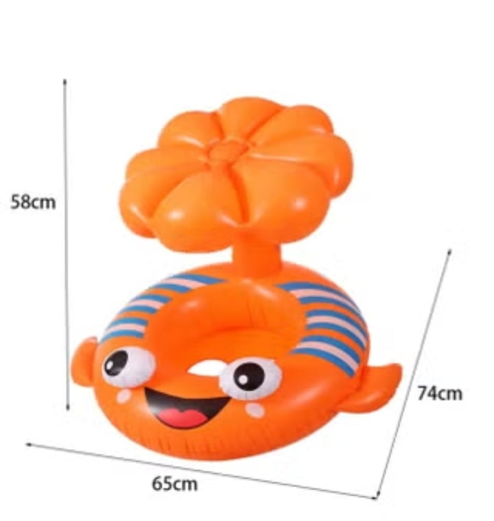 FISH Baby Float 🐟 Orange with sun canopy + big eyes. Shade & smiles in the pool. Max 15 kg , 6 - 24 month