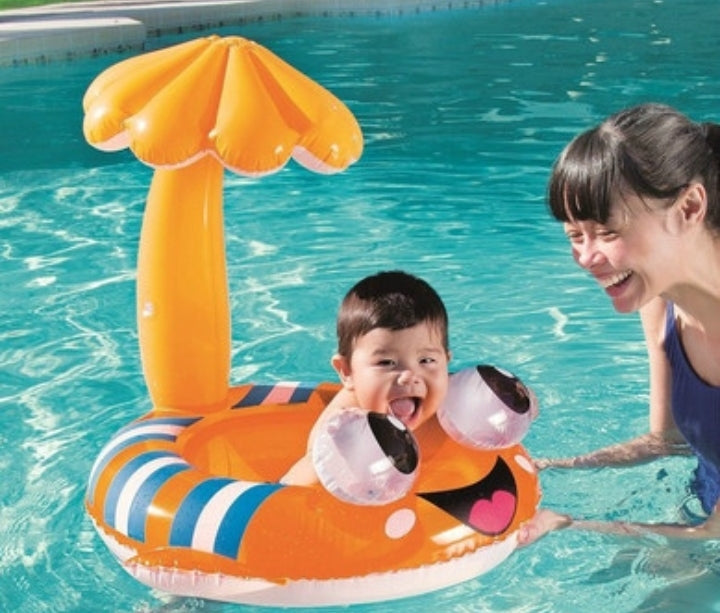 FISH Baby Float 🐟 Orange with sun canopy + big eyes. Shade & smiles in the pool. Max 15 kg , 6 - 24 month