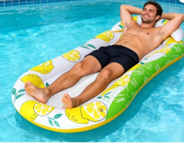 ‎LEMON Mesh Pool Float 🍋 160cm with cooling mesh + headrest. Stay cool & float in style