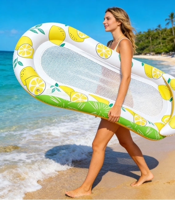 ‎LEMON Mesh Pool Float 🍋 160cm with cooling mesh + headrest. Stay cool & float in style