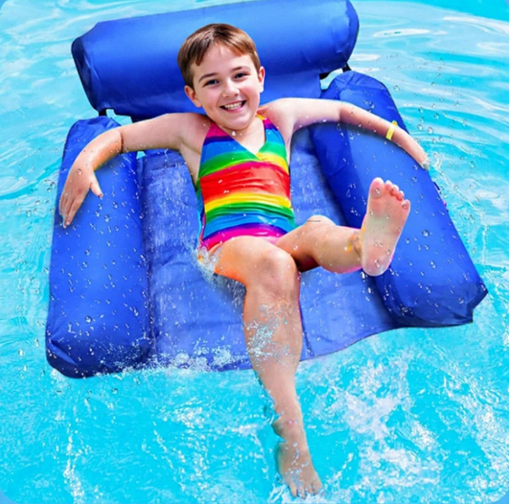 Inflatable Pool Float Chair 120x100cm. With headrest + armrests. Adjustable straps. Folds small.