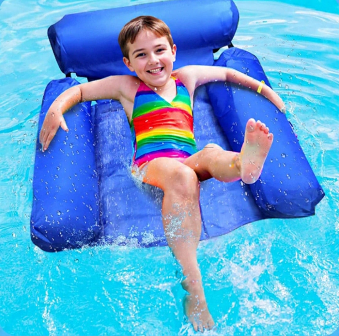 Inflatable Pool Float Chair 120x100cm. With headrest + armrests. Adjustable straps. Folds small.