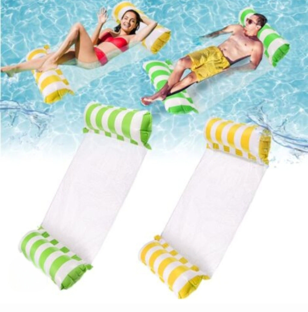 ‎Striped Pool Hammock  Mesh net + inflatable headrest. Relax, float & chill all summer.