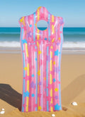 Pink + Blue. Head hole, comfy stripes & float easy. Beach or pool vibes size 130x52.