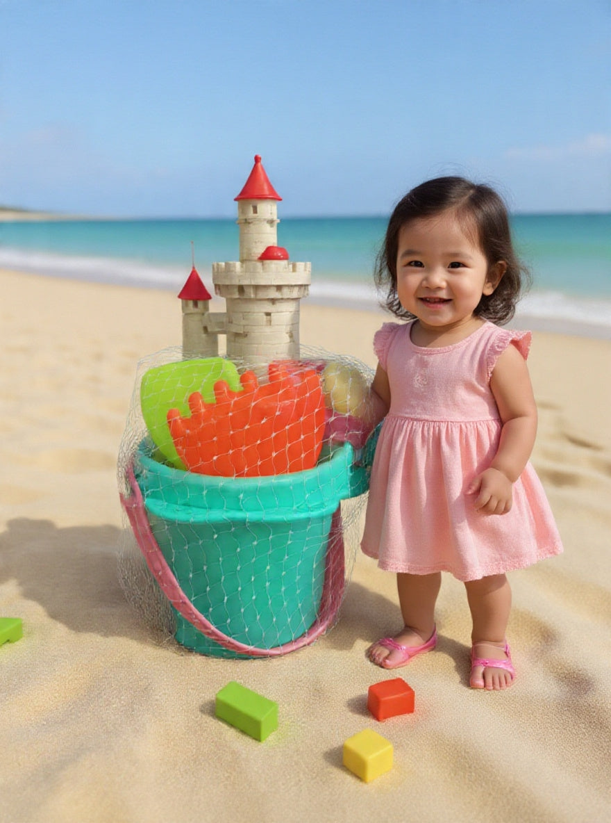 BEACH BUCKET SET 🪣 Mesh bag + shovel + rake + molds. Everything in one pack