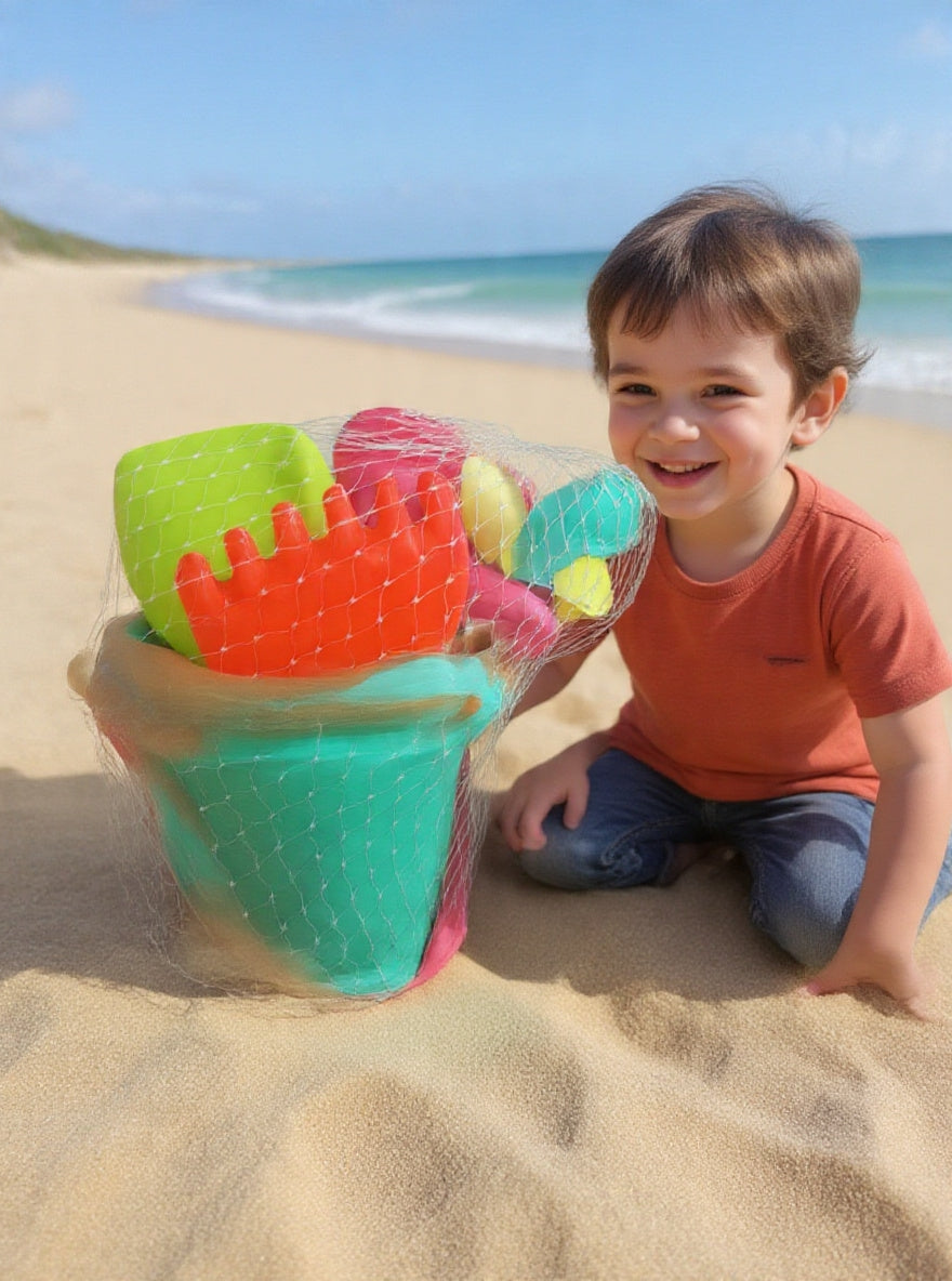 BEACH BUCKET SET 🪣 Mesh bag + shovel + rake + molds. Everything in one pack