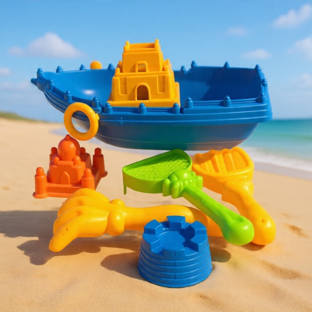 ‎6-PC BEACH BOAT SET 🚤 Sand castle molds + scoop + strainer. Boat floats on water. Ages 2+