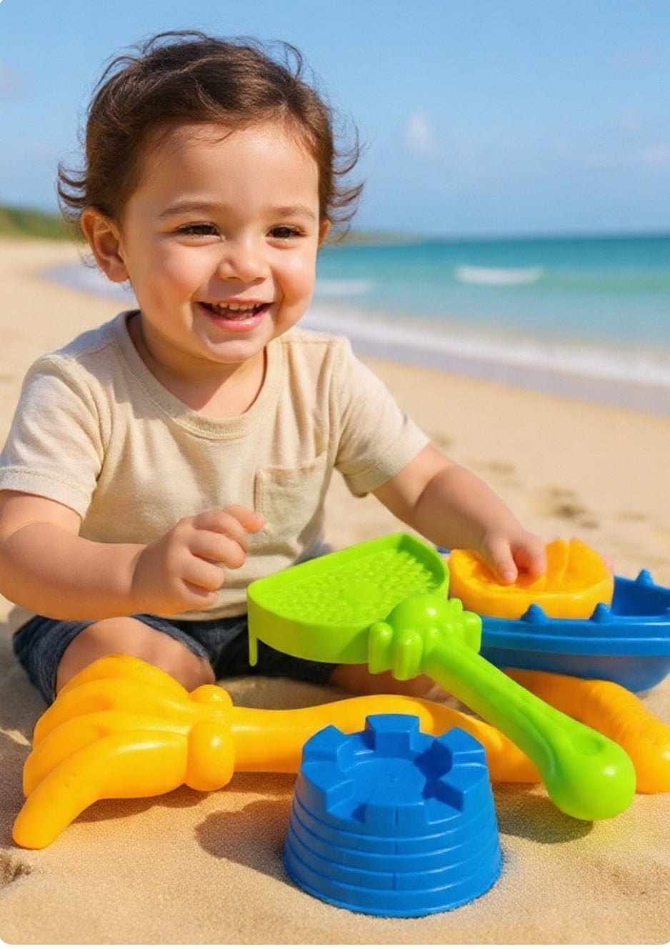 ‎6-PC BEACH BOAT SET 🚤 Sand castle molds + scoop + strainer. Boat floats on water. Ages 2+