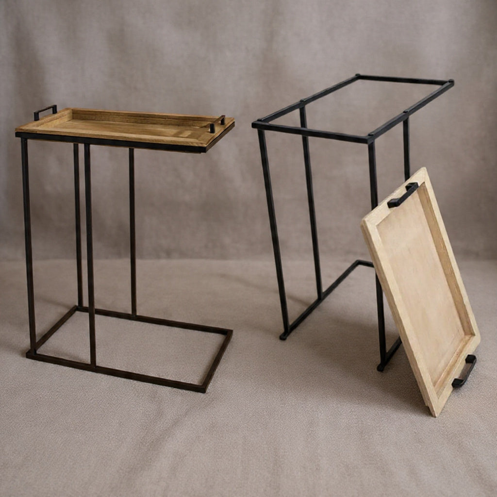 ‎C-Shaped Side Table with Removable Wooden Tray