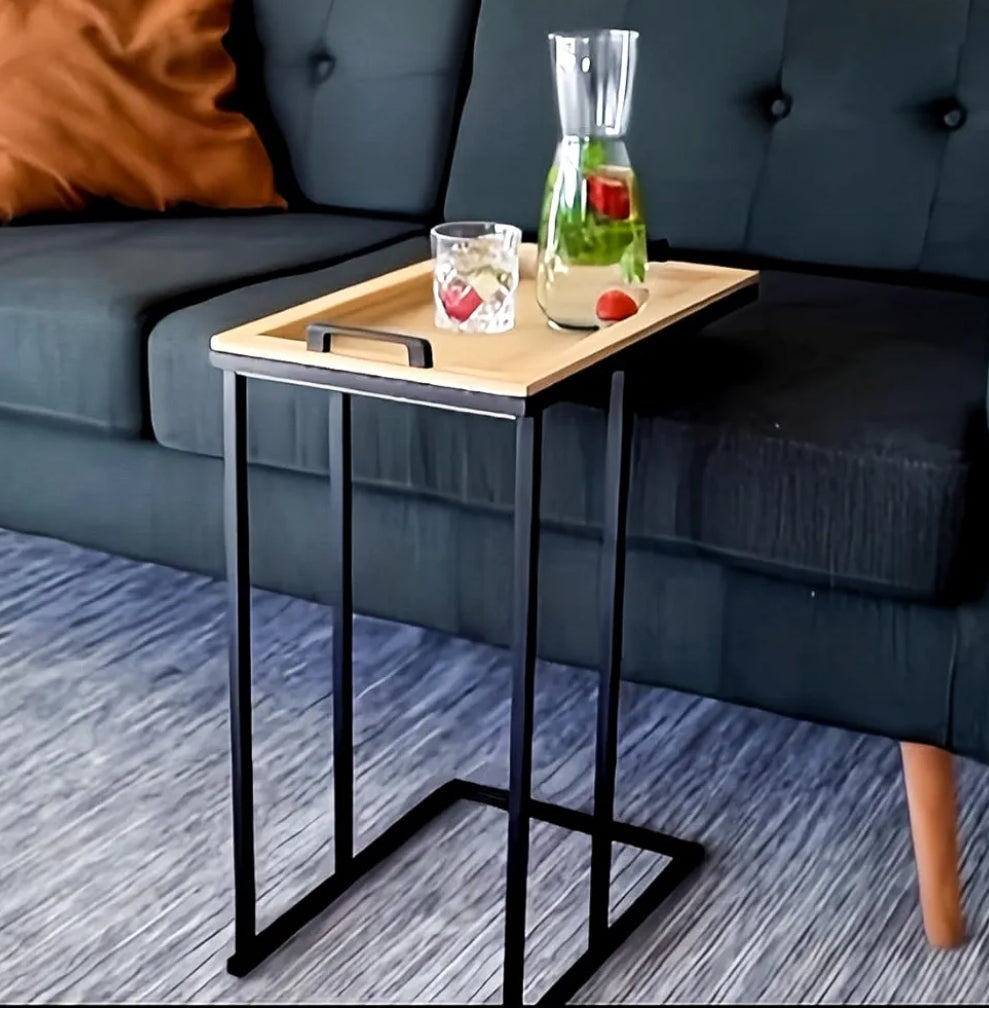 ‎C-Shaped Side Table with Removable Wooden Tray