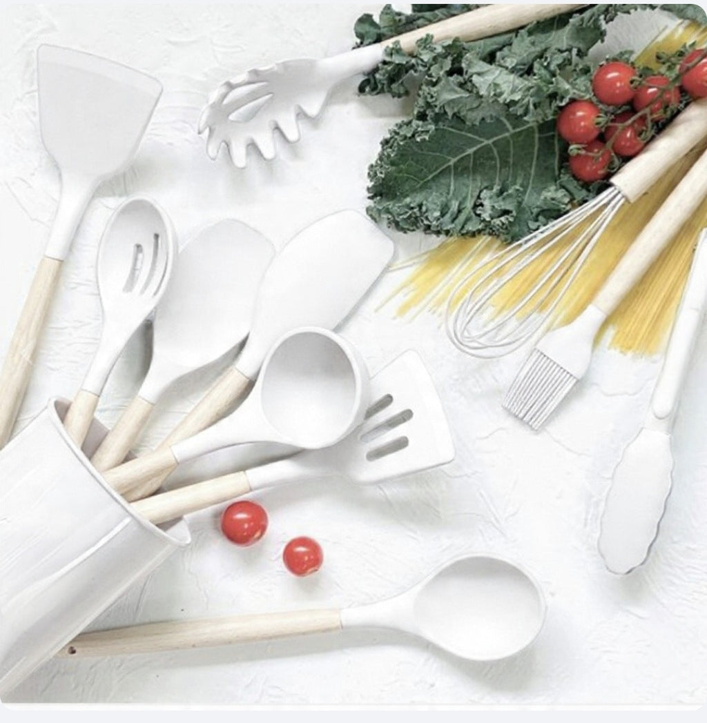 12-Piece Silicone Kitchen Utensil Set with Wooden Handles + Holder
