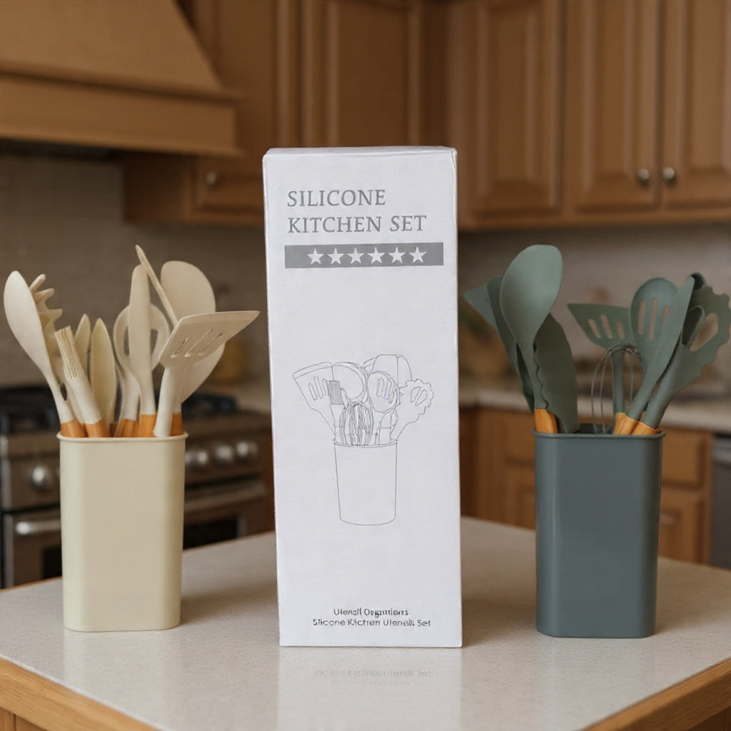 12-Piece Silicone Kitchen Utensil Set with Wooden Handles + Holder
