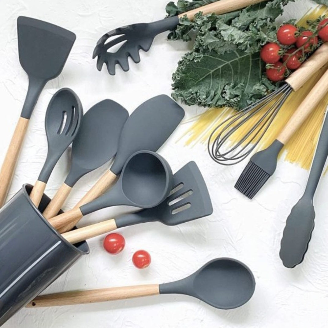 12-Piece Silicone Kitchen Utensil Set with Wooden Handles + Holder
