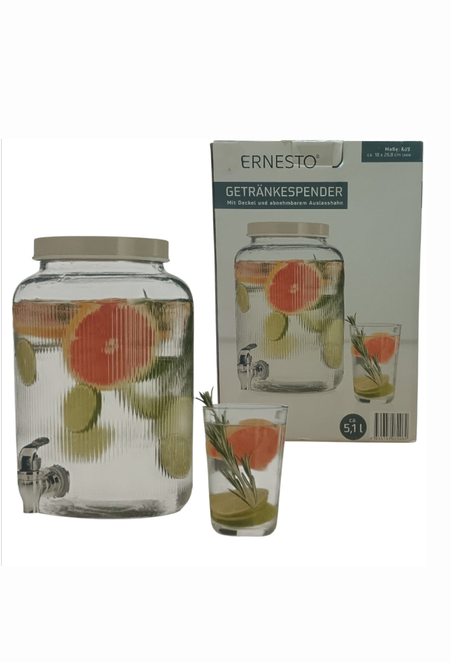 ‎*ERNESTO 5.1L Glass Drink Dispenser with Spigot & Lid*