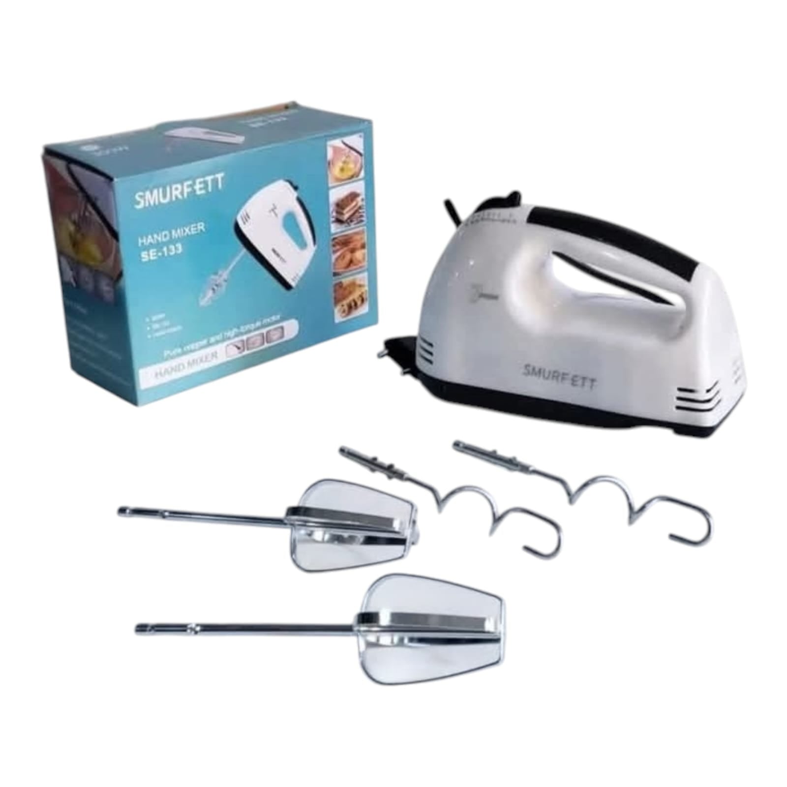 ‎SMURFETT Hand Mixer SE-133 now available! Perfect for cakes, dough & cream with 4 attachments.