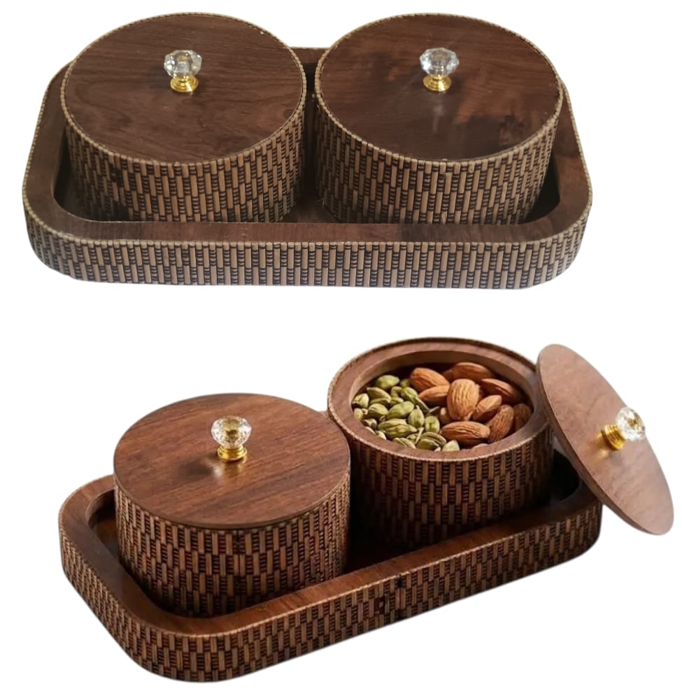 _Elegant wooden tray with 2 jars. Perfect for serving snacks & sweets._