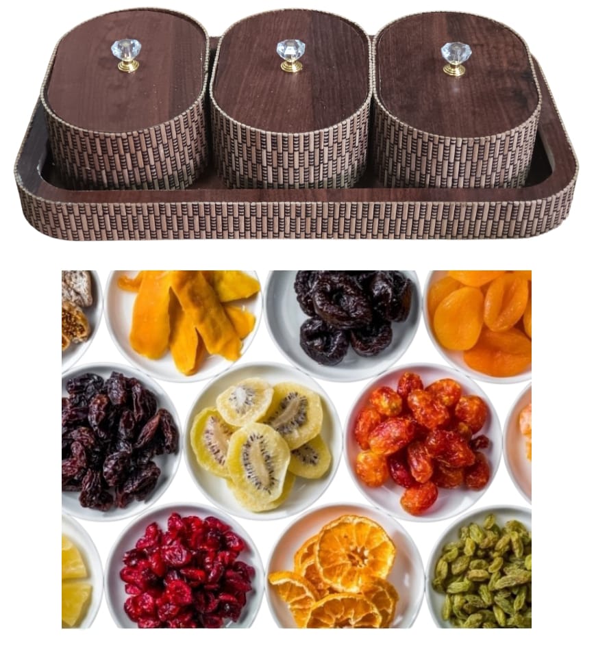 ‎3-in-1 wooden serving set. Elegant tray with crystal lid jars for your guests.