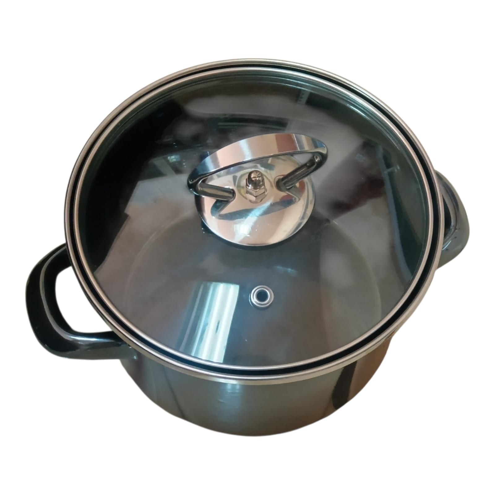 Michelino 16cm enamel pot. Glass lid with measurements. Works on all stovetops.