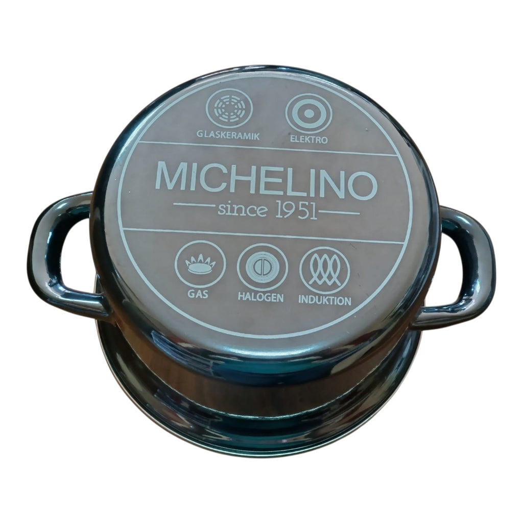 Michelino 16cm enamel pot. Glass lid with measurements. Works on all stovetops.