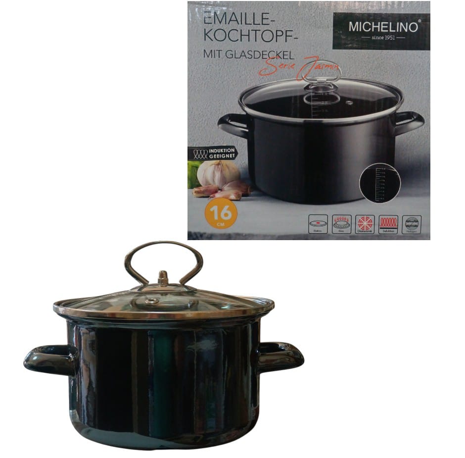 Michelino 16cm enamel pot. Glass lid with measurements. Works on all stovetops.