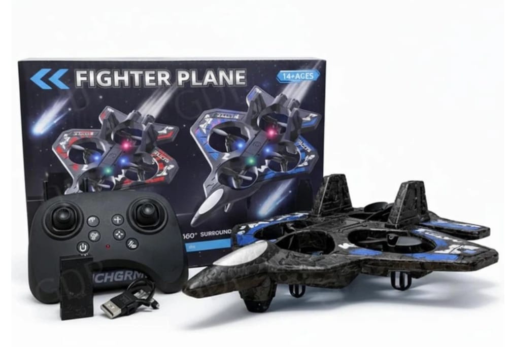 Fighter Plane RC Drone offers 360° flips and smooth flying control.
