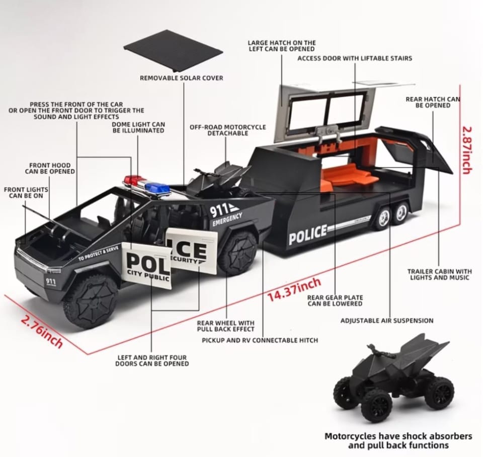 New Energy Off Road Police Car comes with detachable travel trailer.