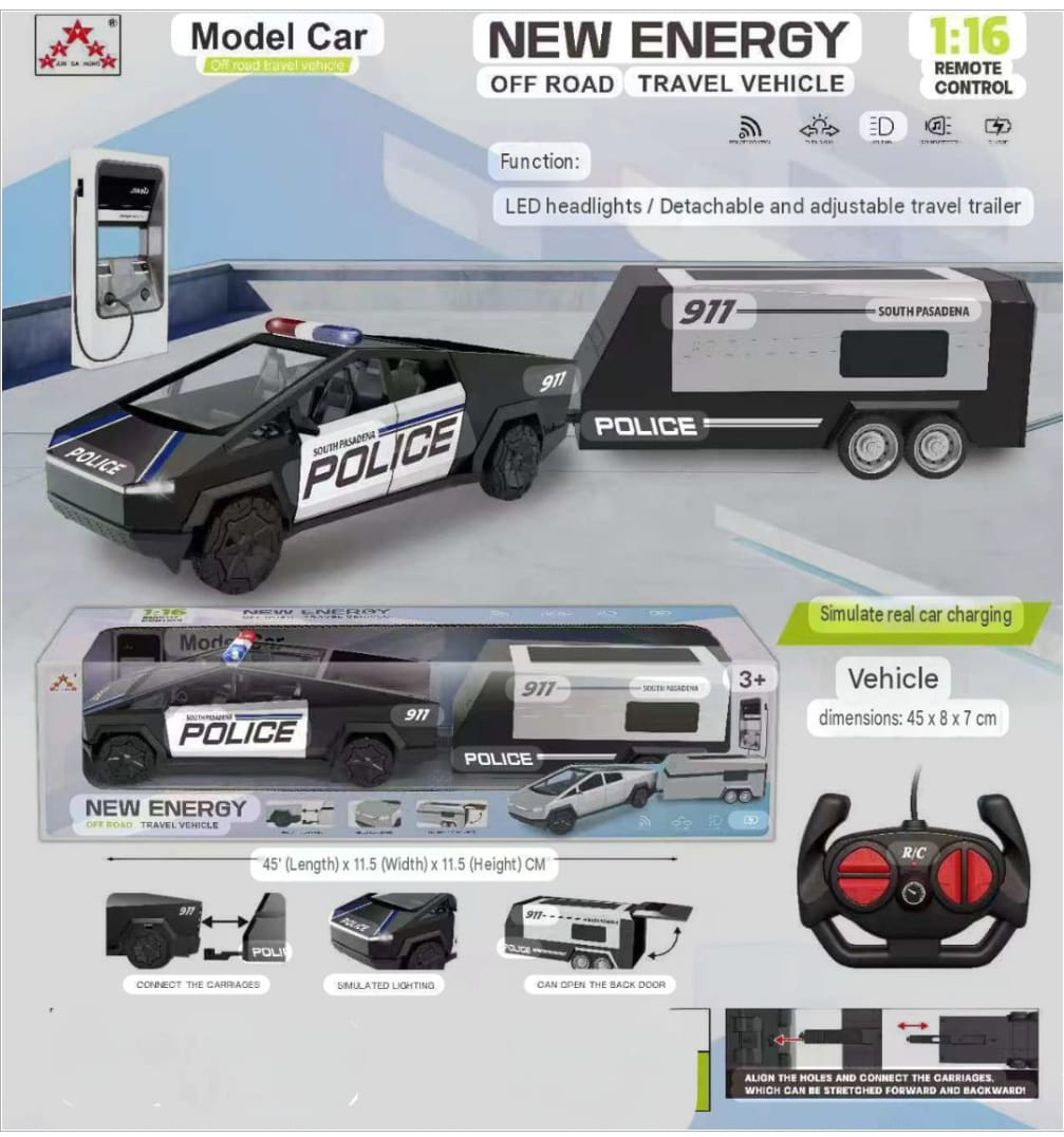 New Energy Off Road Police Car comes with detachable travel trailer.