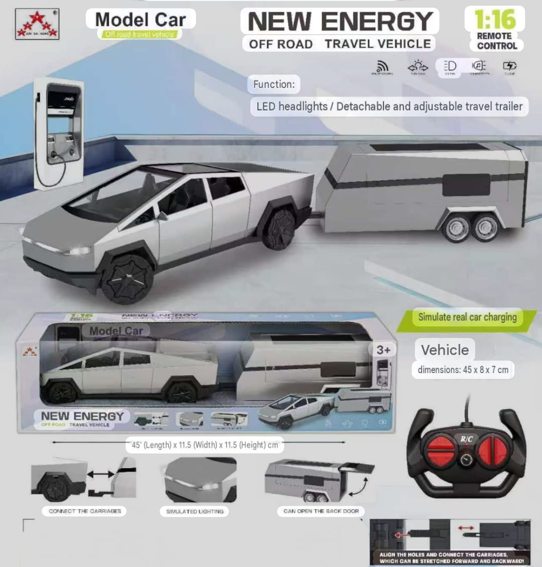 New Energy Off Road Travel Vehicle includes LED lights and trailer.