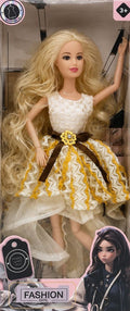 Fashion Girl Doll features long blonde curly hair and blue eyes.