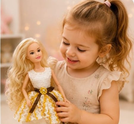 Fashion Girl Doll features long blonde curly hair and blue eyes.