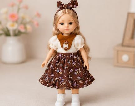 JELENA Best Friend Doll wears a brown floral dress with white top.