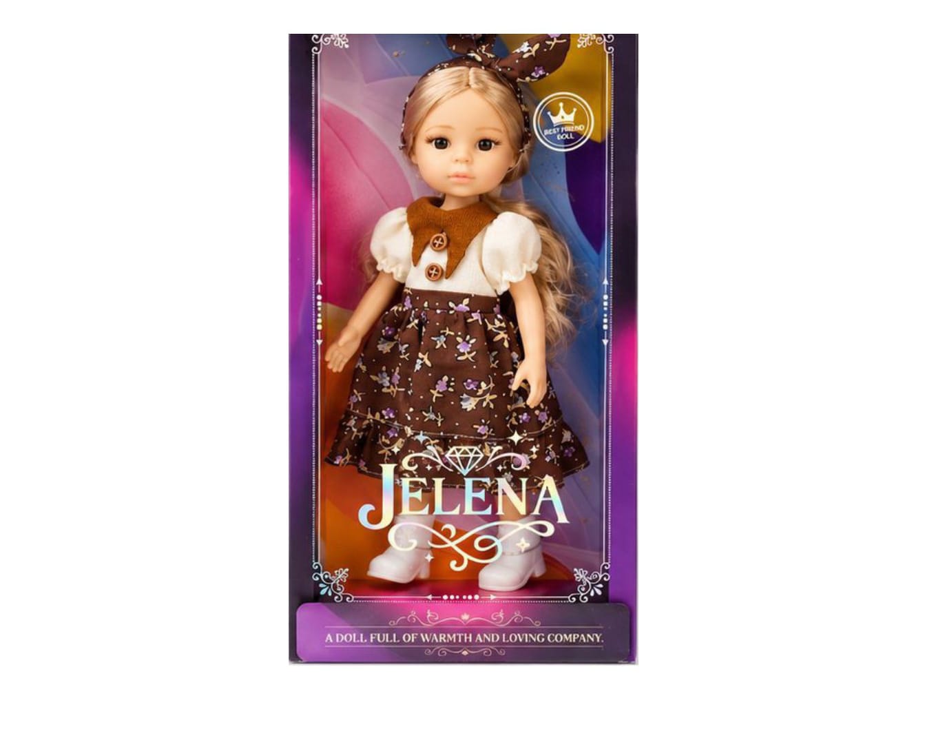 JELENA Best Friend Doll wears a brown floral dress with white top.