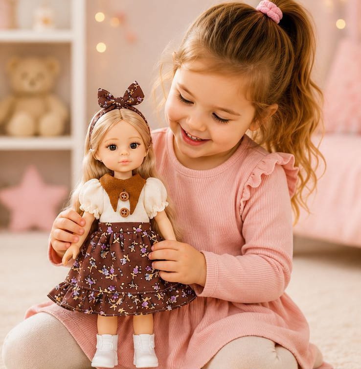 JELENA Best Friend Doll wears a brown floral dress with white top.
