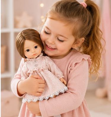 JELENA Best Friend Doll wears a pink lace dress with brown hair.