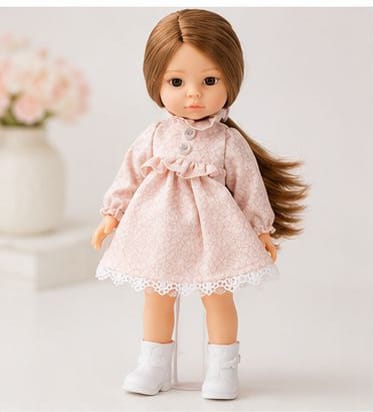 JELENA Best Friend Doll wears a pink lace dress with brown hair.