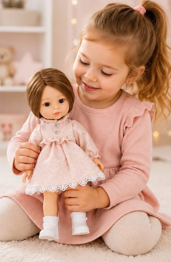 JELENA Best Friend Doll wears a pink lace dress with brown hair.